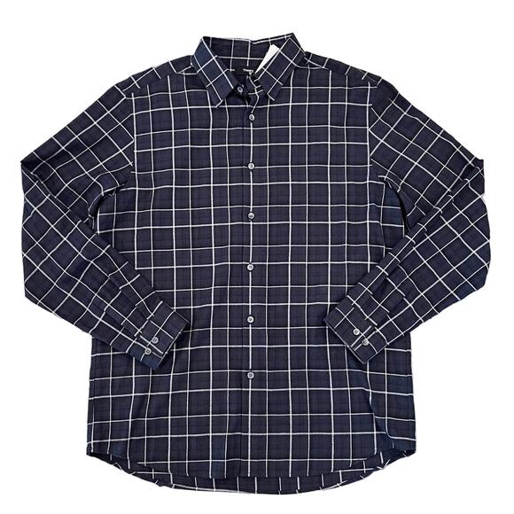 NWT Theory Men's Navy Irving Multi Standard-Fit Shirt in Ombré Grid Cotton -  L - Picture 1 of 9